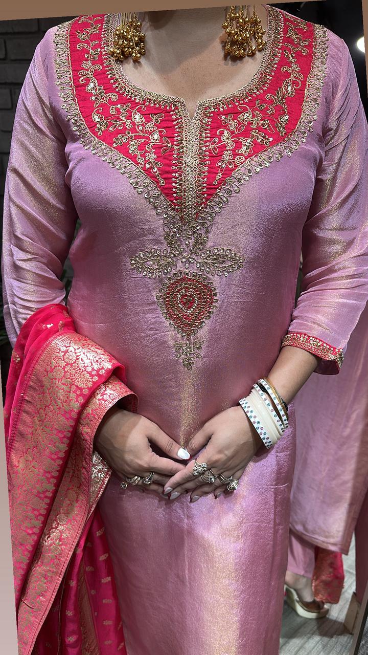 Zardosi pink Red Dupatta Suit