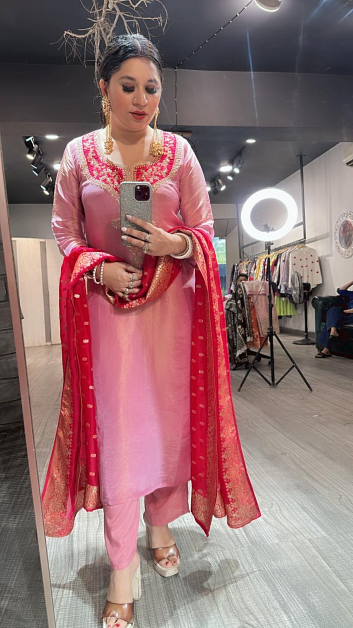 Zardosi pink Red Dupatta Suit
