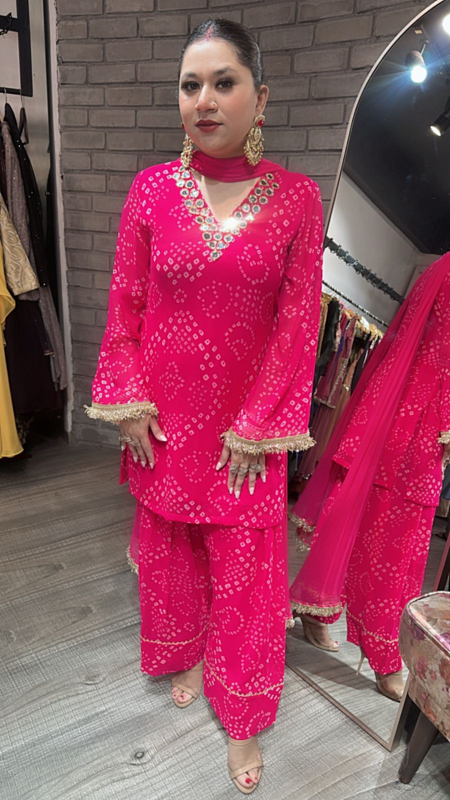 Mehfil Foshia Pink Leheriya Mirror Suit