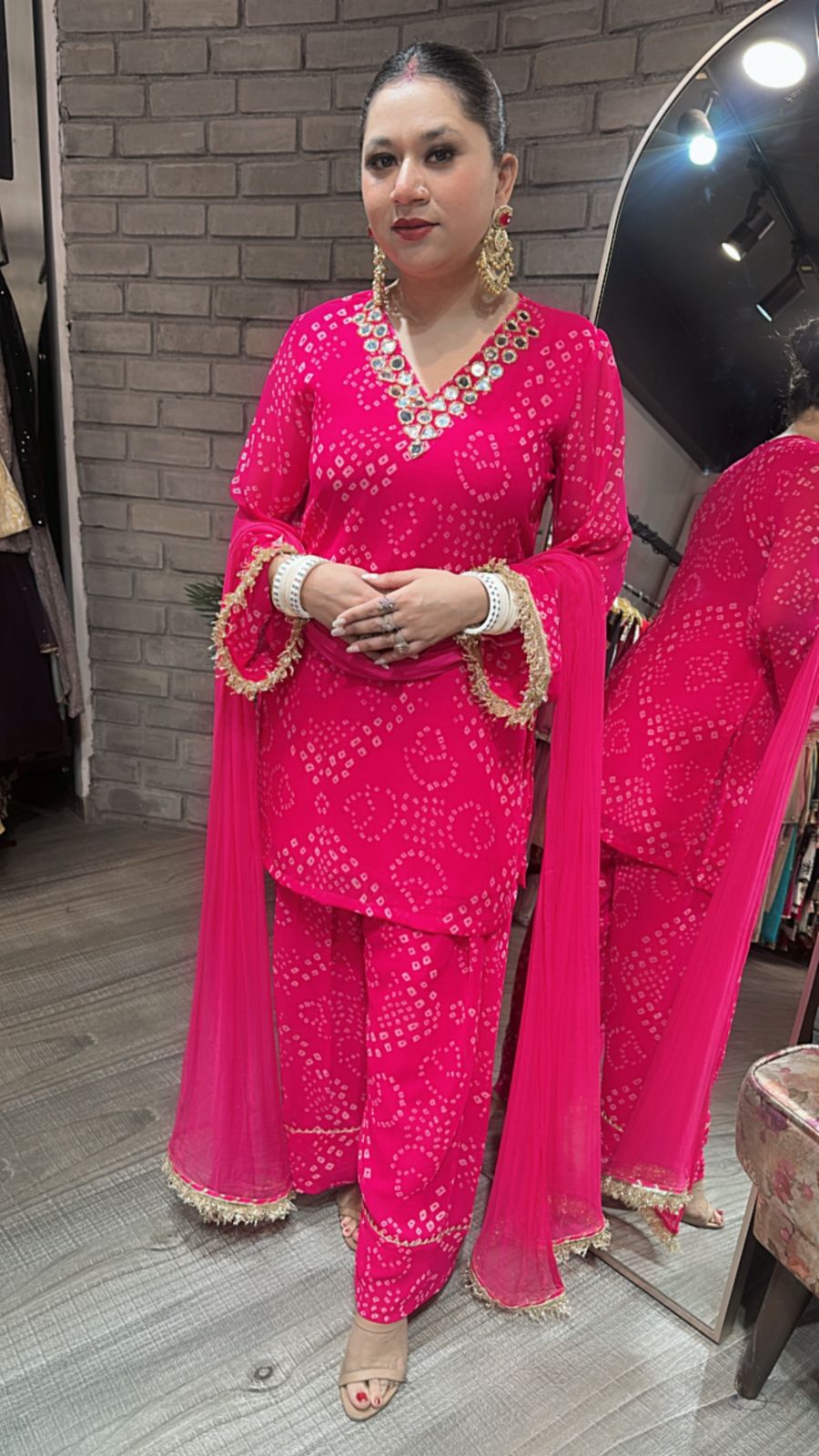 Mehfil Foshia Pink Leheriya Mirror Suit