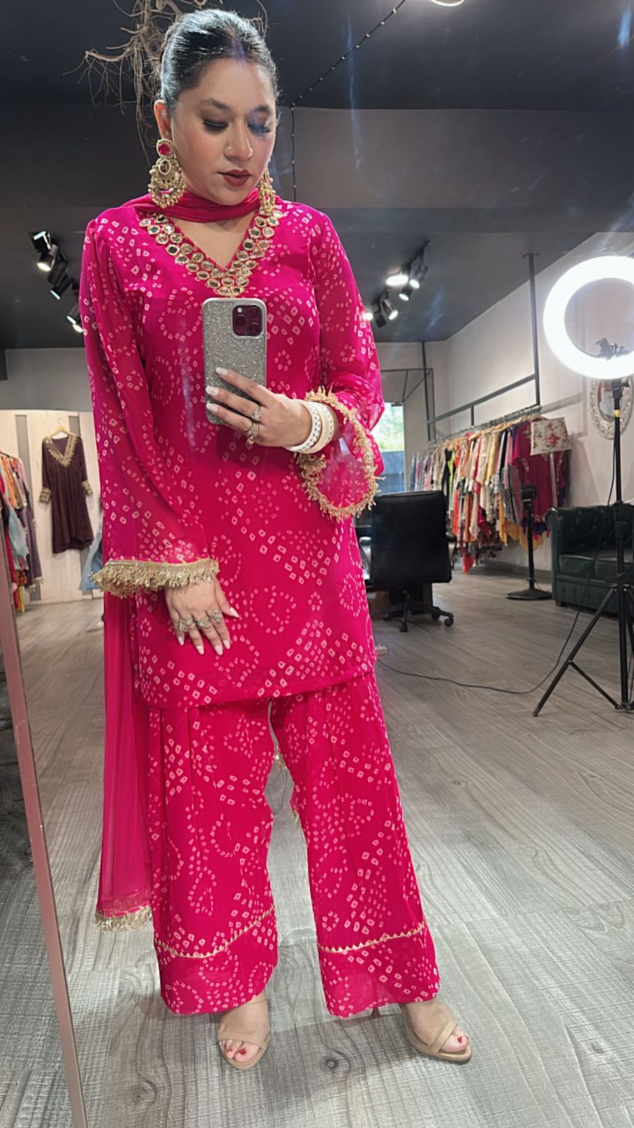 Mehfil Foshia Pink Leheriya Mirror Suit