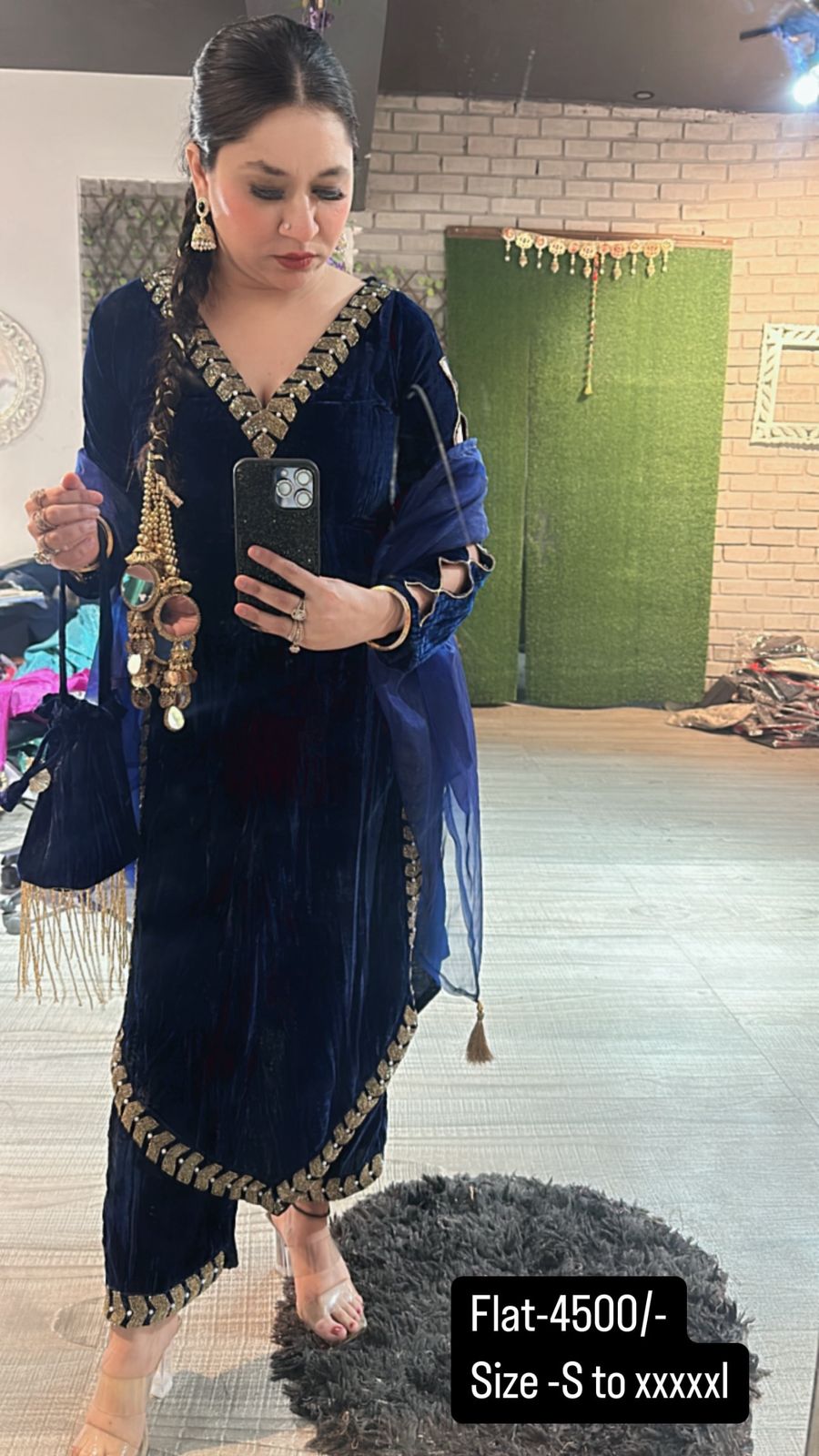Ebadat Navy Blue Crush katdana velvet Suit with potli