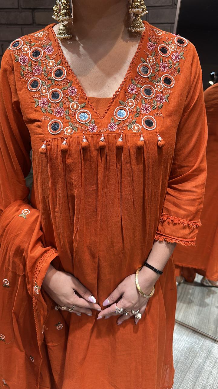 Kanpur Tangy Orange Mirror A-Line Cotton suit