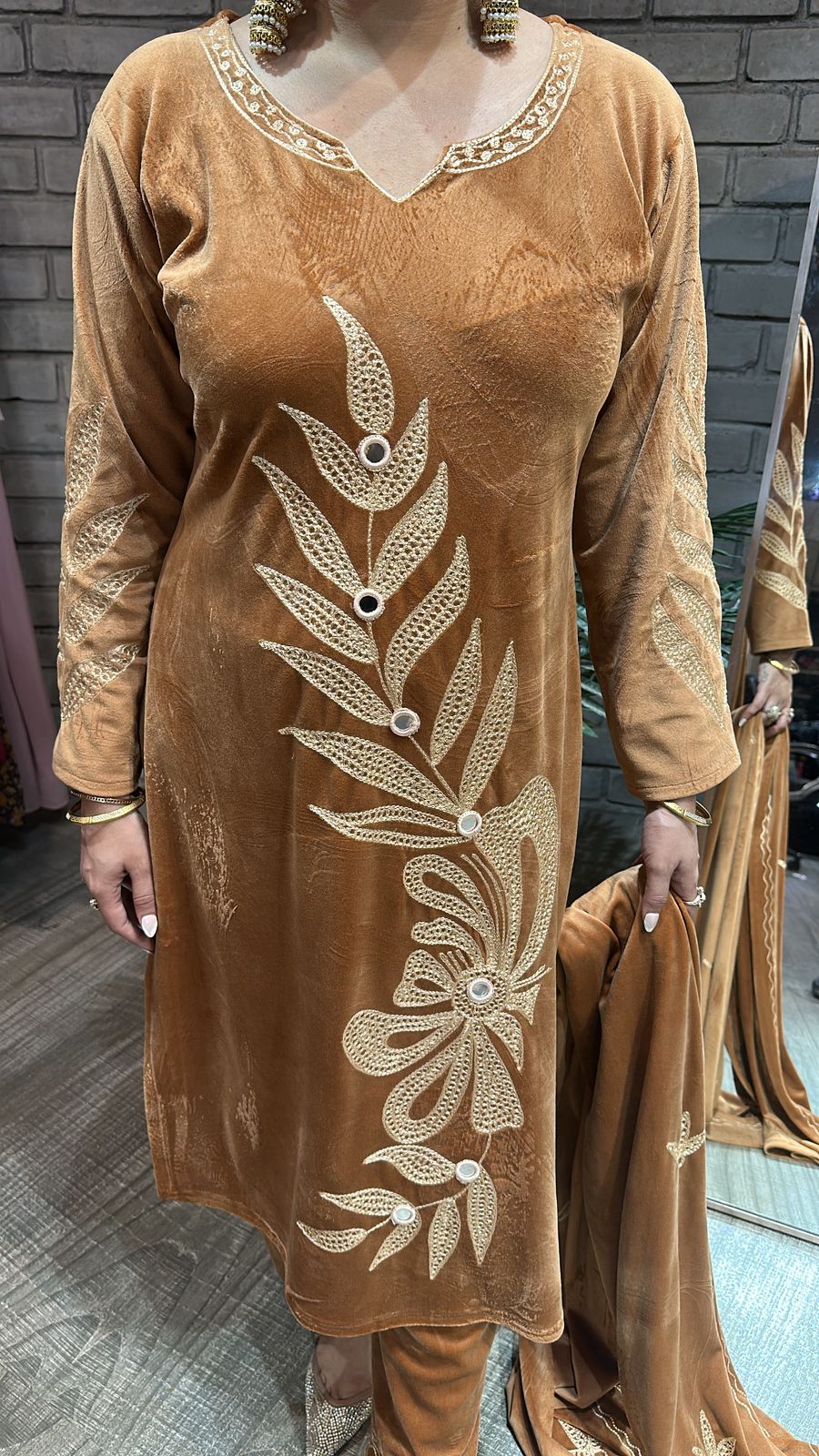Nazeer Beige Designer velvet suit