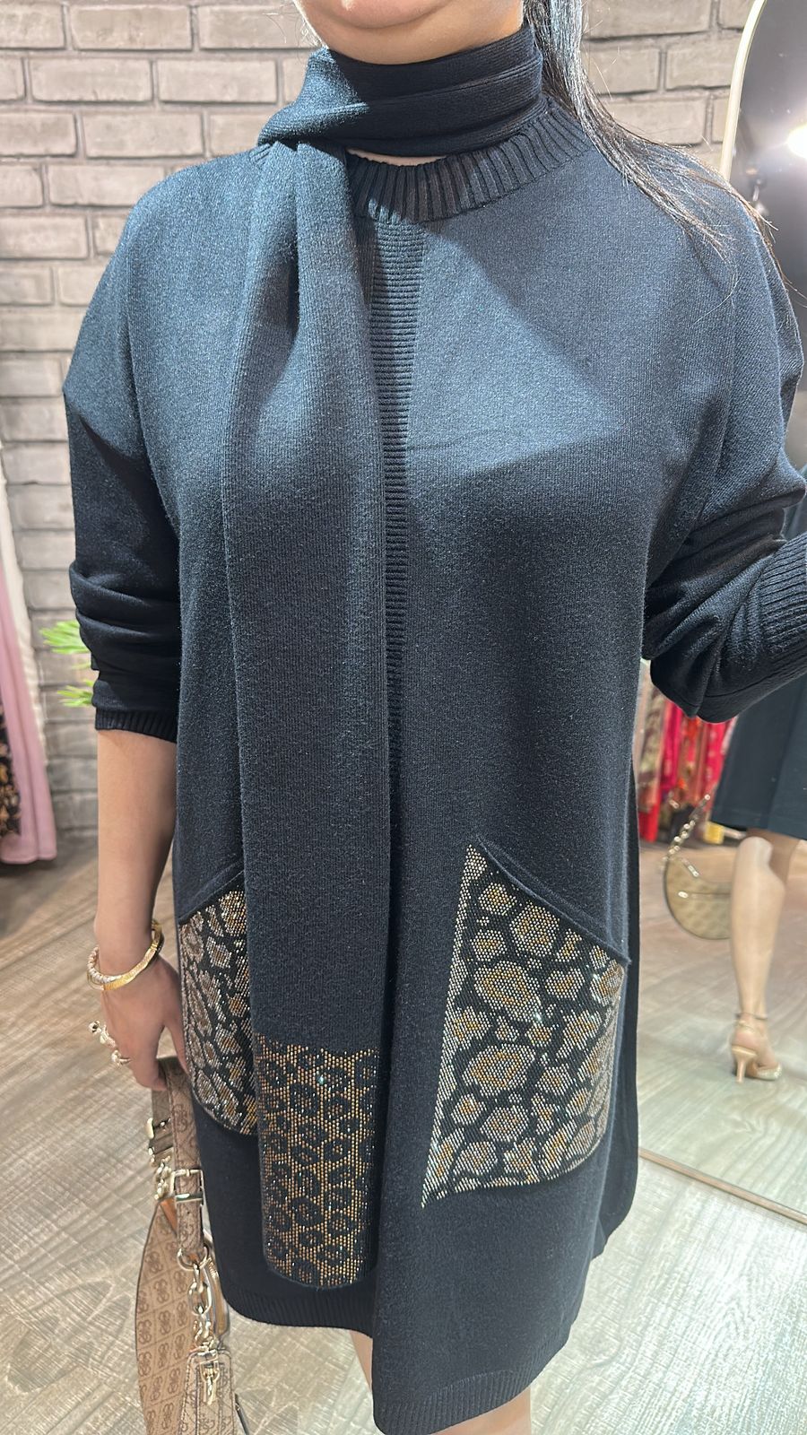 Cheetah Black Woolen Dress with Muffler