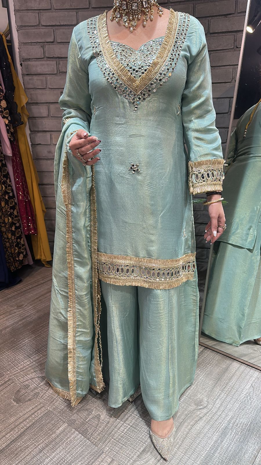 Rabha Aqua Blue Mirror Designer suit