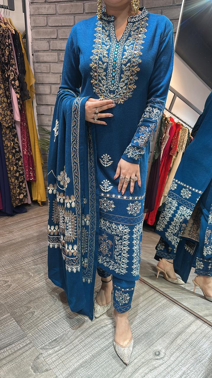 Khanak Teal Blue Woolen Designer suit