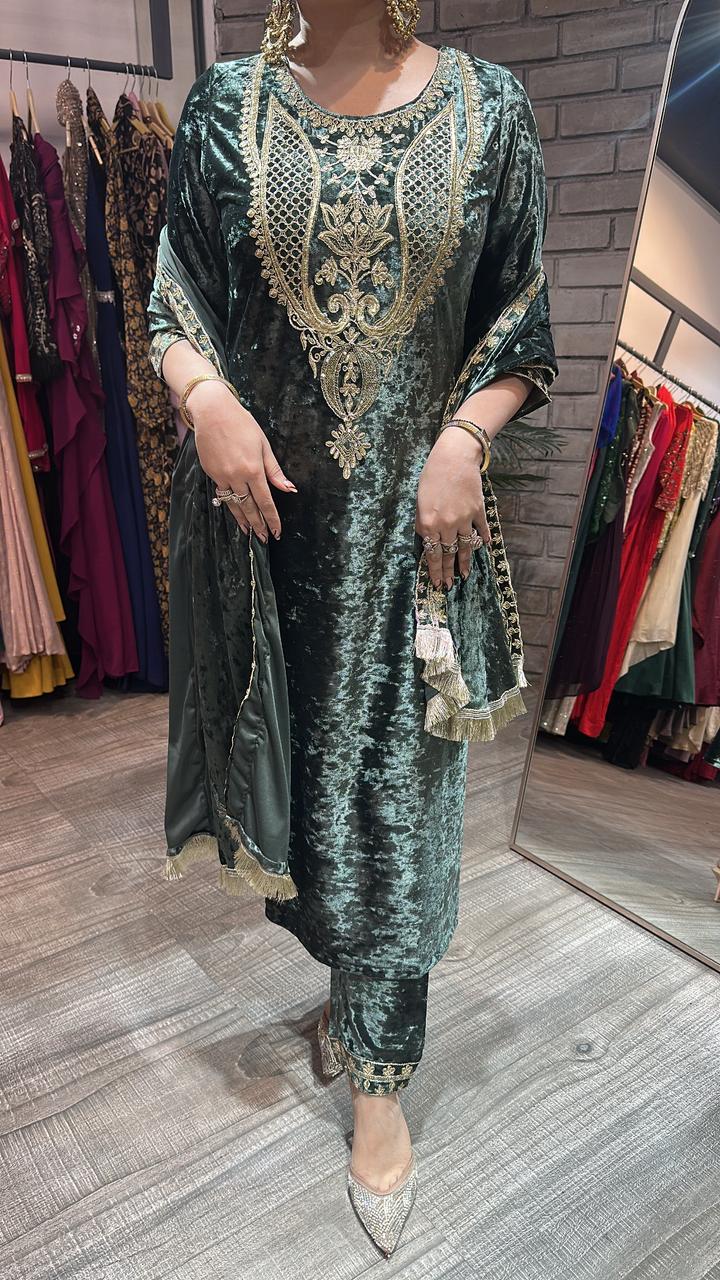 Amritsar olive Green Woolen Designer suit