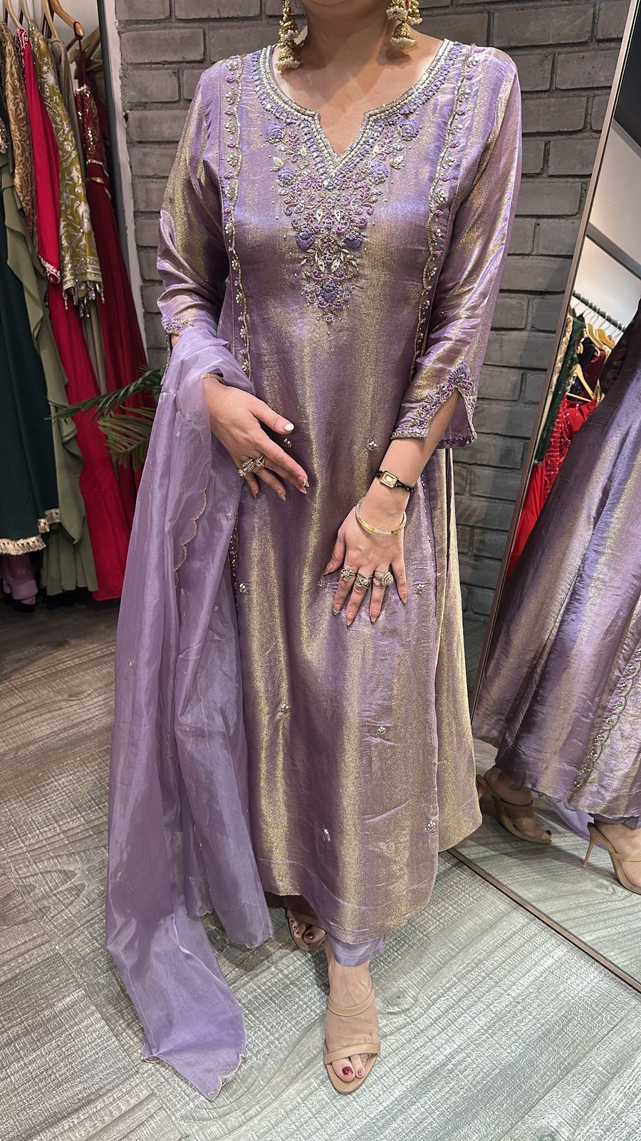 Curry lavander Designer A-Line Cotton Shimmer Suit