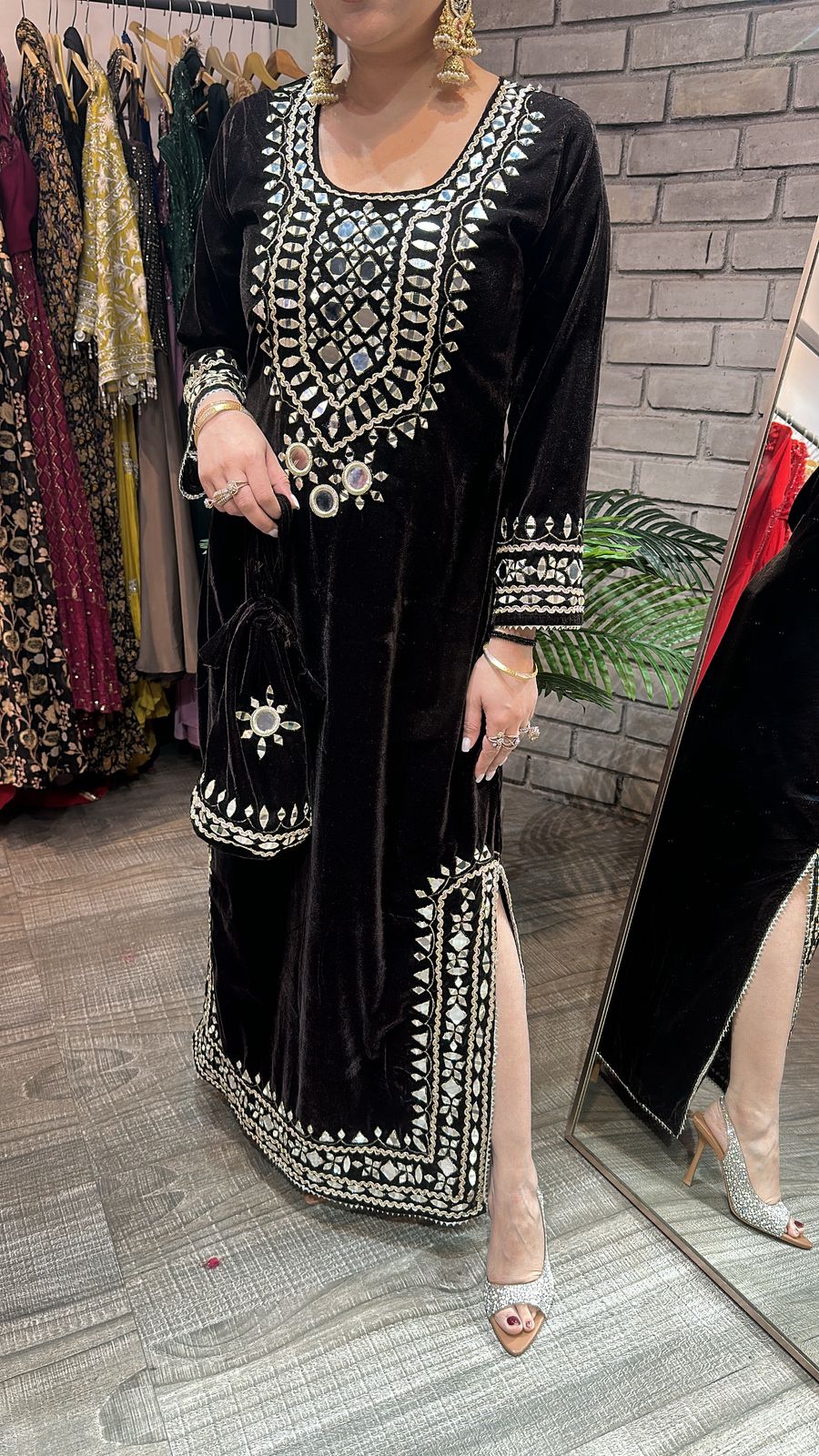 Mumtaaz Coffee Brown Mirror Velvet Dress with Potli