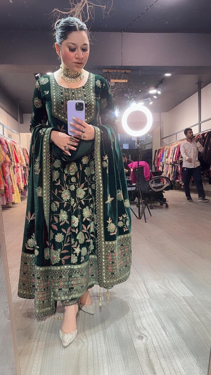 Mannat Bottel Green Floral Emboss Velvet Anarkali
