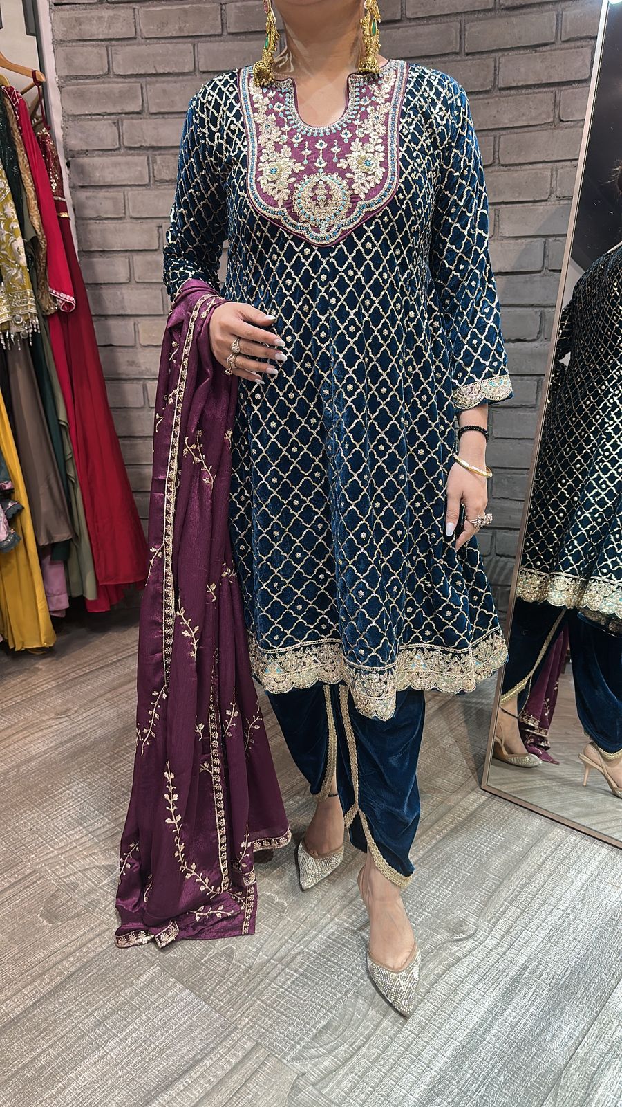 Nushrat Teal Blue wine peplum velvet Suit