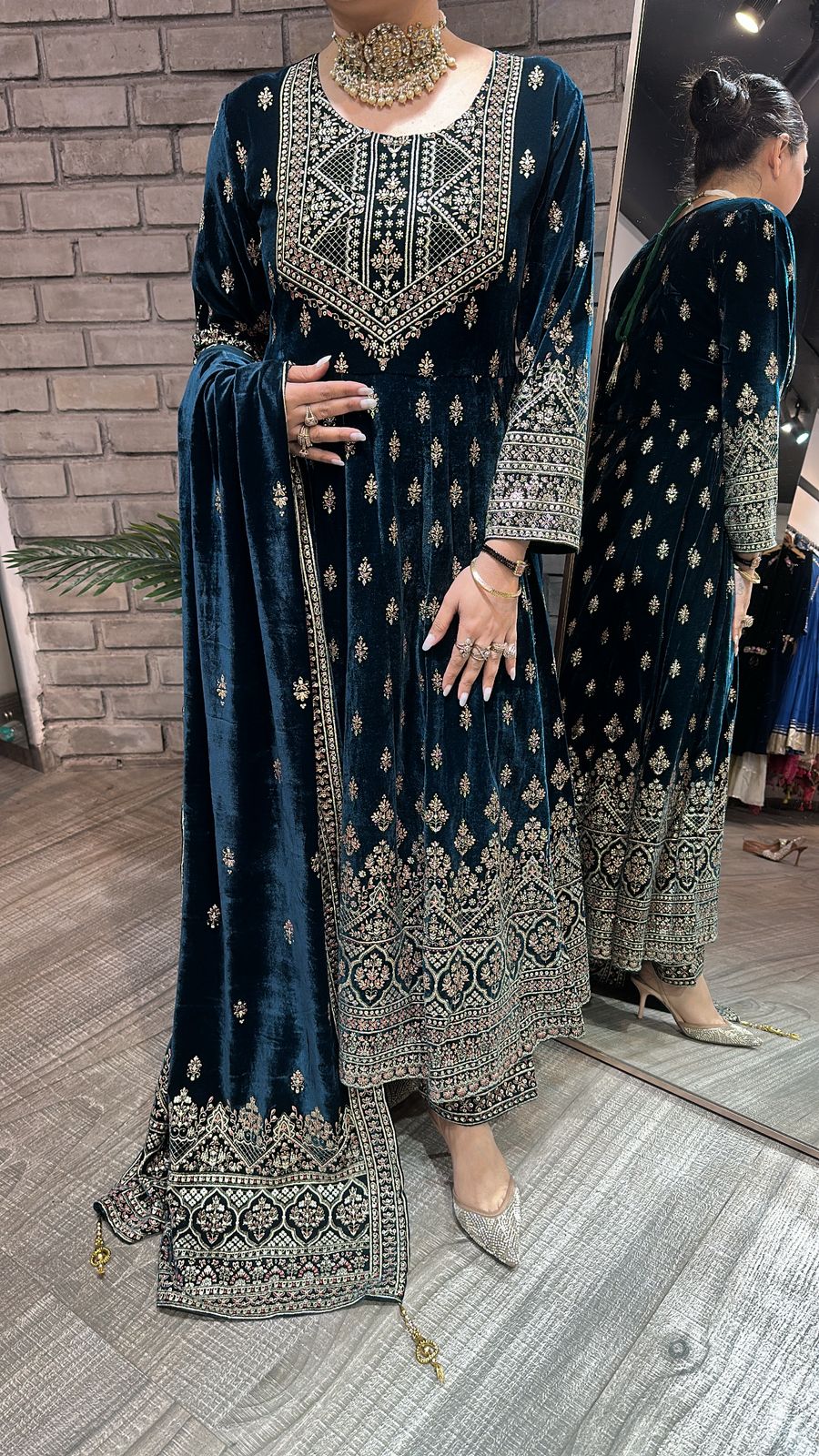 Sahiba Teal Blue Emboss Velvet Anarkali