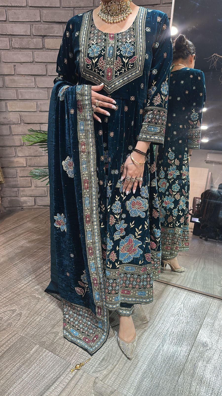 Inoor Teal Blue Floral Emboss Velvet Anarkali