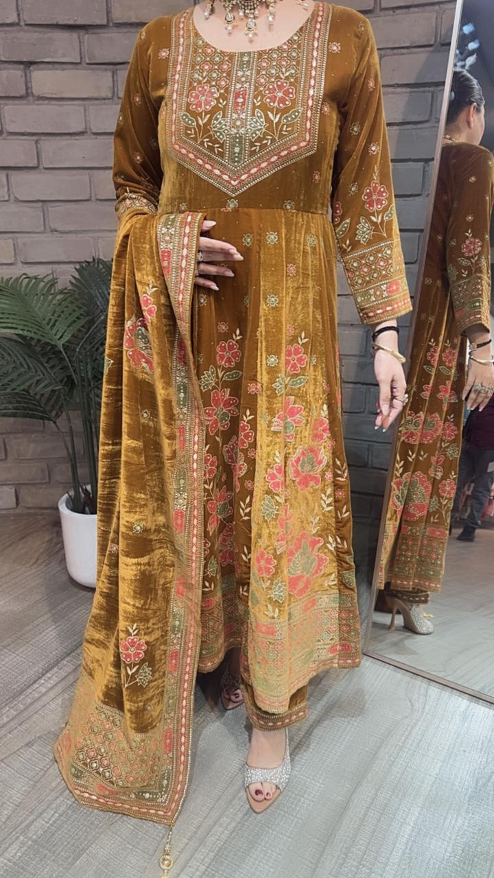 Inoor Musturd Golden Emboss Velvet Anarkali
