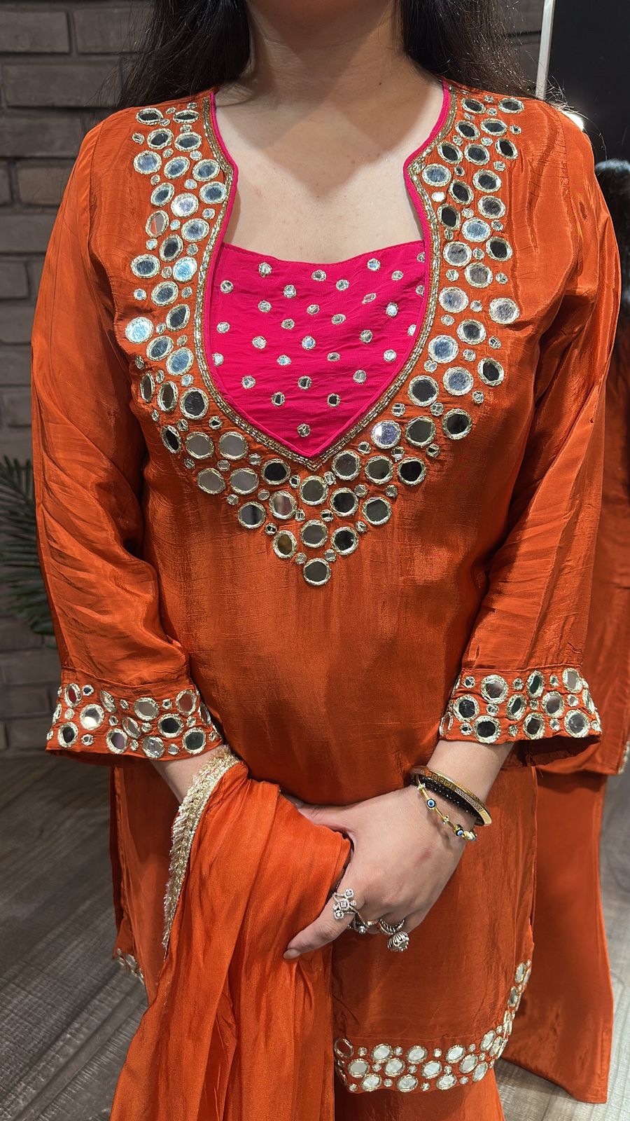 Ceskaz Orange mirror work Designer Suit