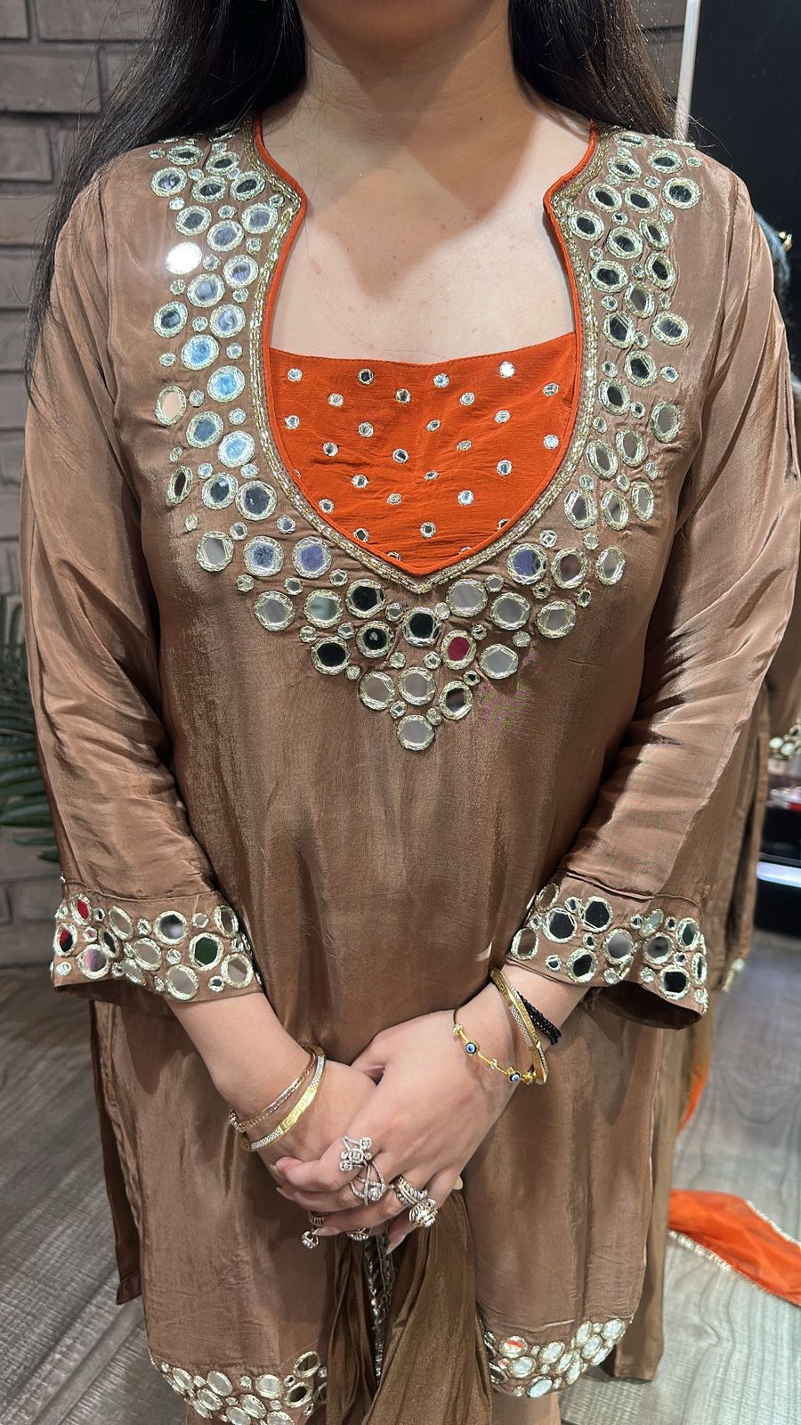 Ceskaz Brown mirror work Designer Suit