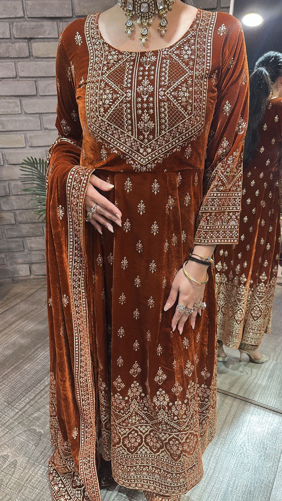 Sahiba Rust Emboss Velvet Anarkali