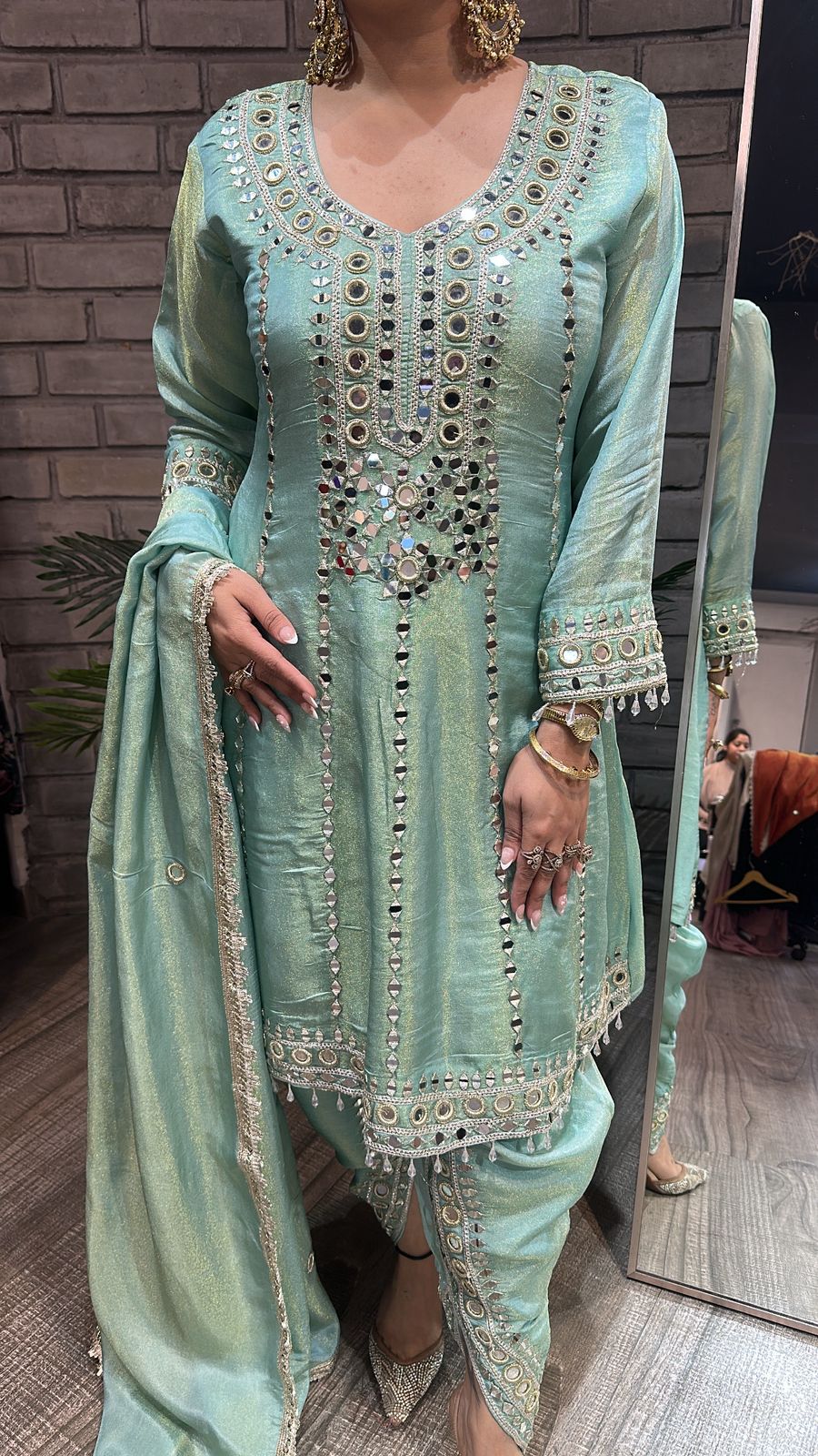 Farzi Aqua Blue mirror work Dhoti Style Suit