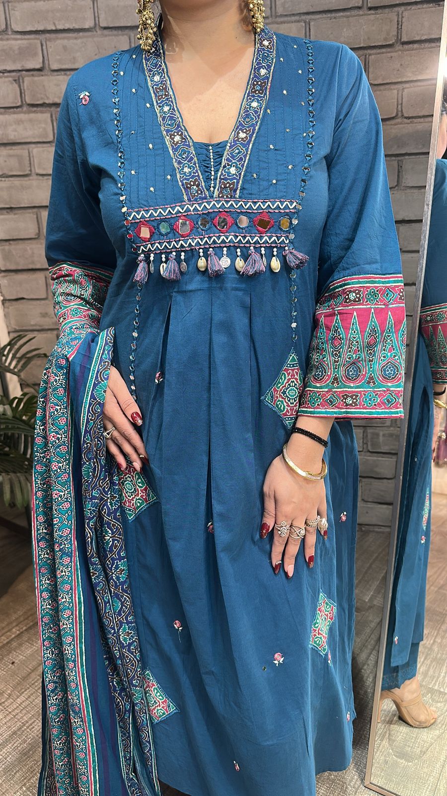 Khalista Teal Blue A-Line Cotton Designer Suit