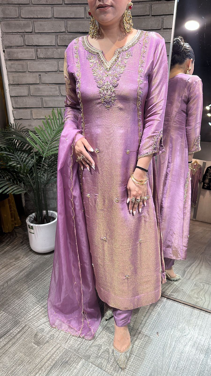 Curry lavander Designer A-Line Cotton Shimmer Suit