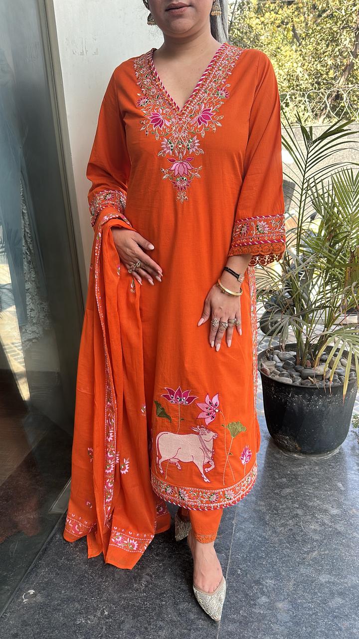 Zebu Orange Designer Cotton Suit