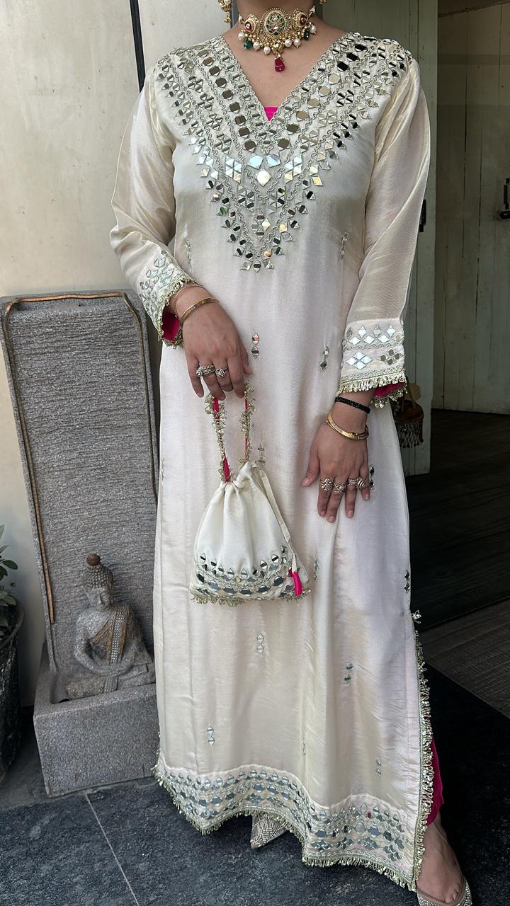 Kareena kapoor Ivory with pants Mirror Dress with Potli