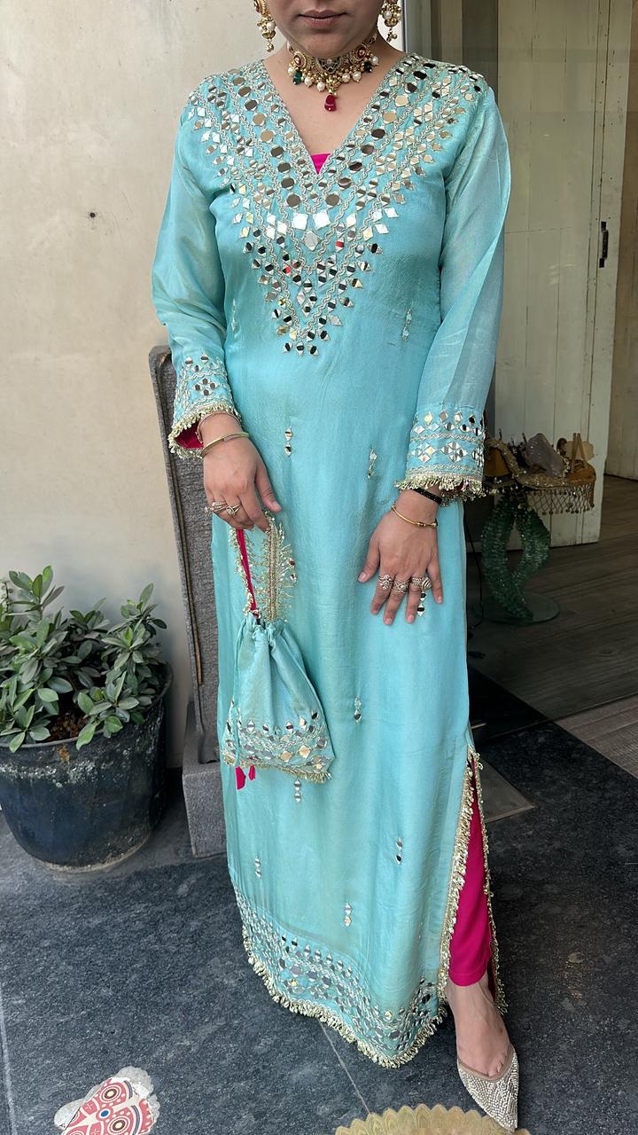 Kareena kapoor Aqua with pants Mirror Dress with Potli