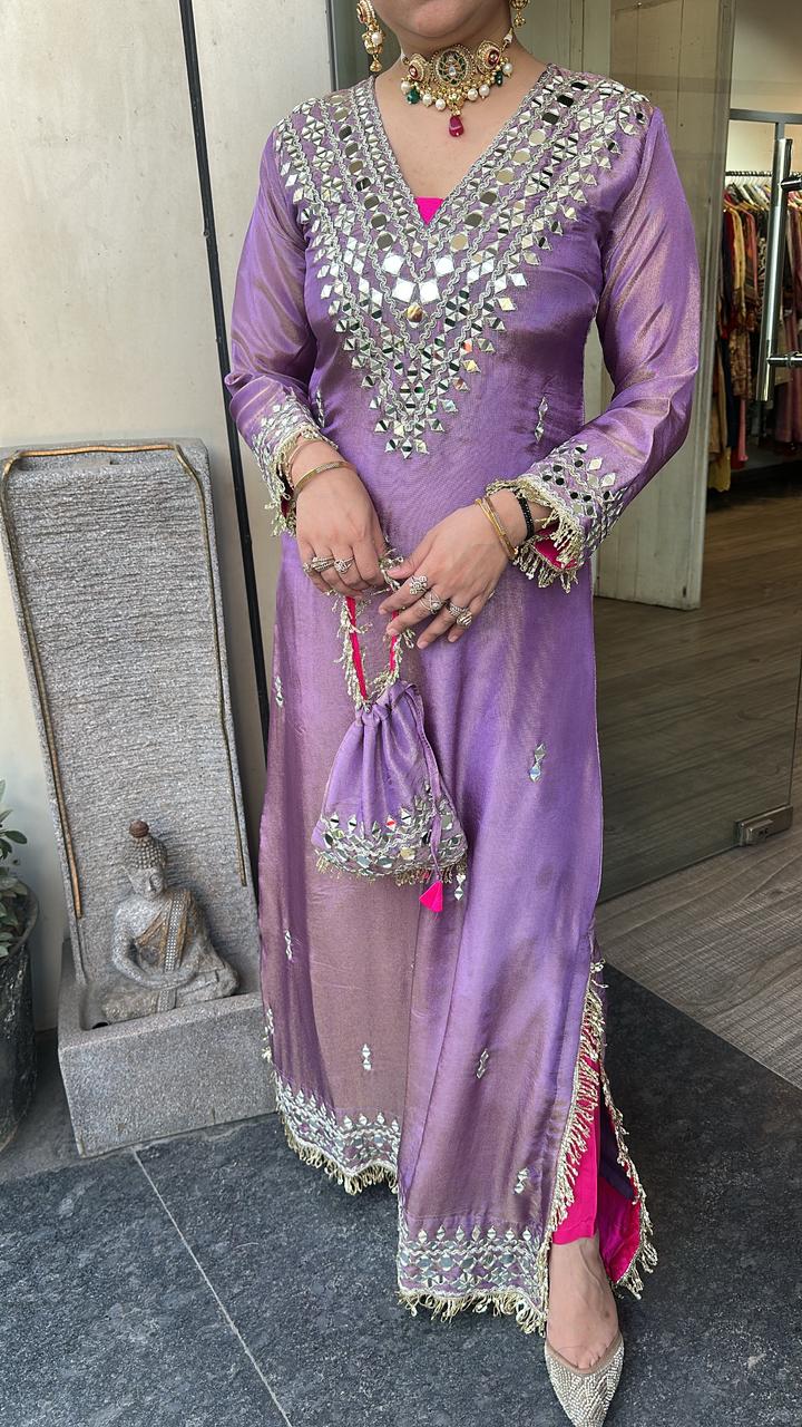 Kareena kapoor Lavander with pants Mirror Dress with Potli