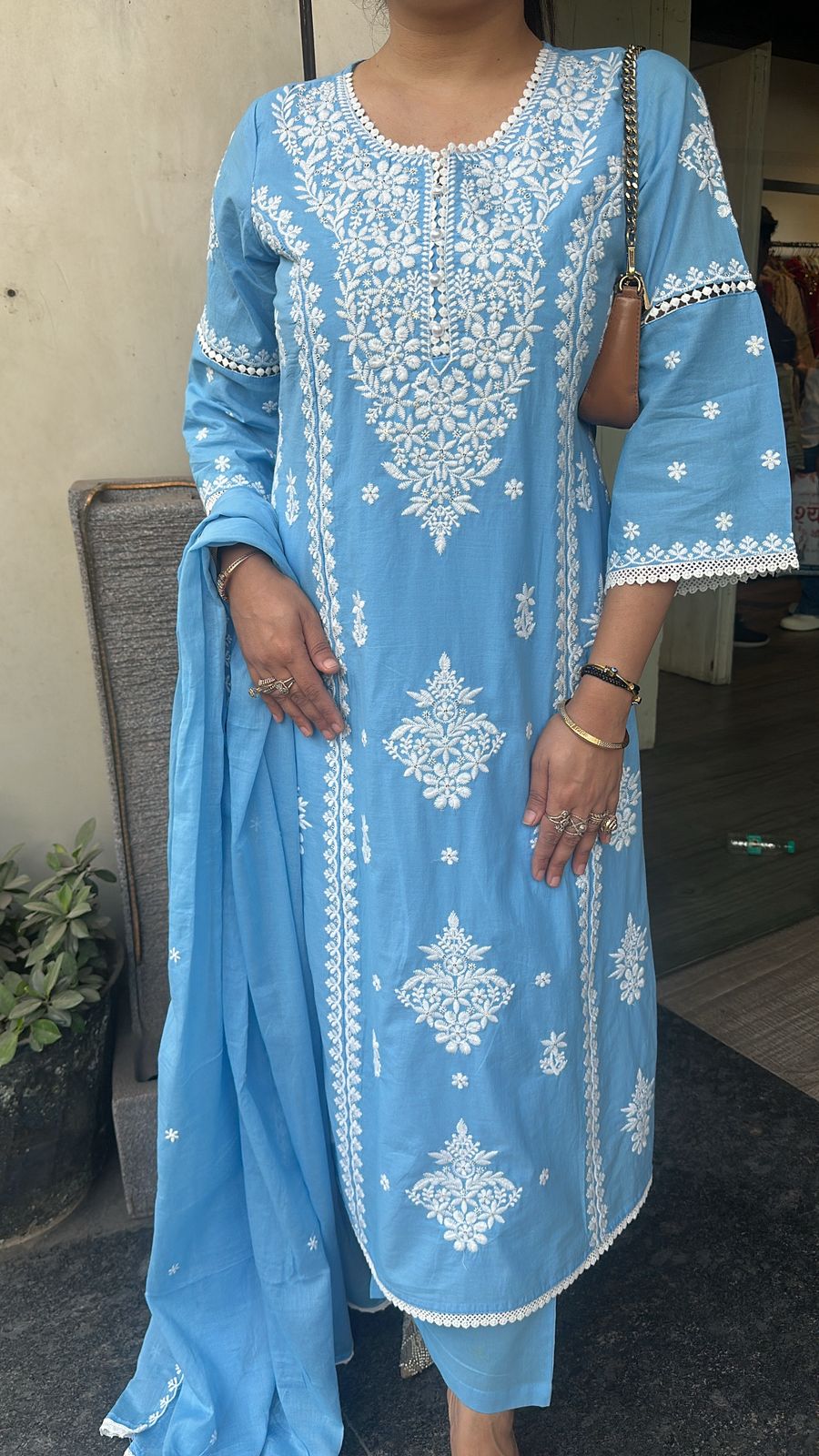 Lucknowi Blue Chikankari A-Line Cotton Suit