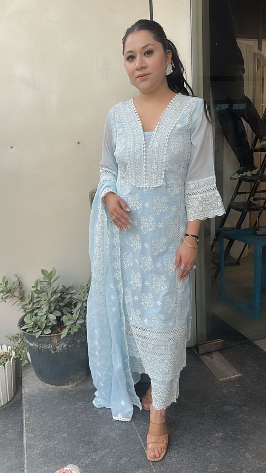 Motif Blue Chikankari Cotton Suit