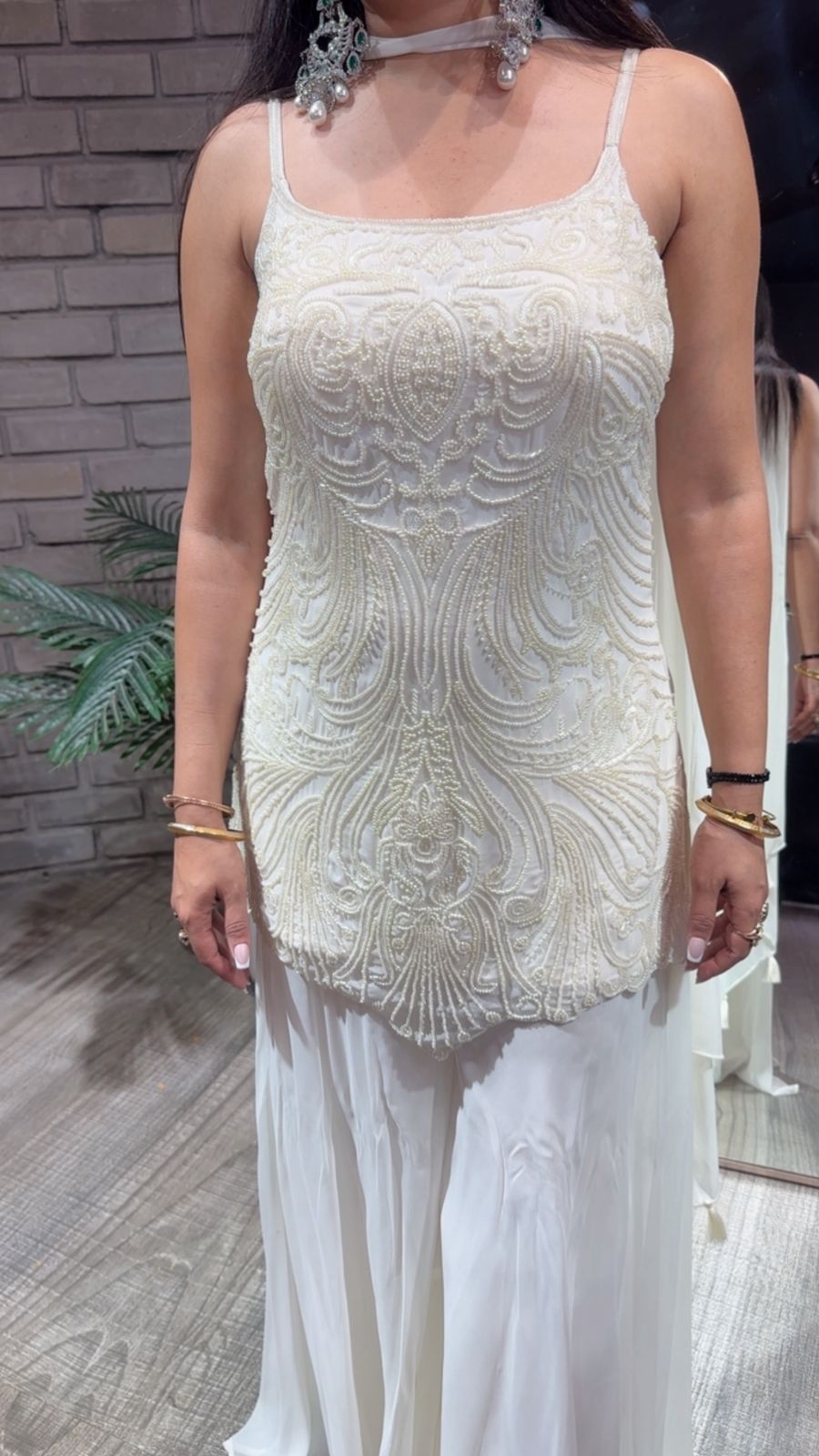 Bollywood Ivory 3pc Set Designer Plazoo Set (Sleeve Fabric Attached)