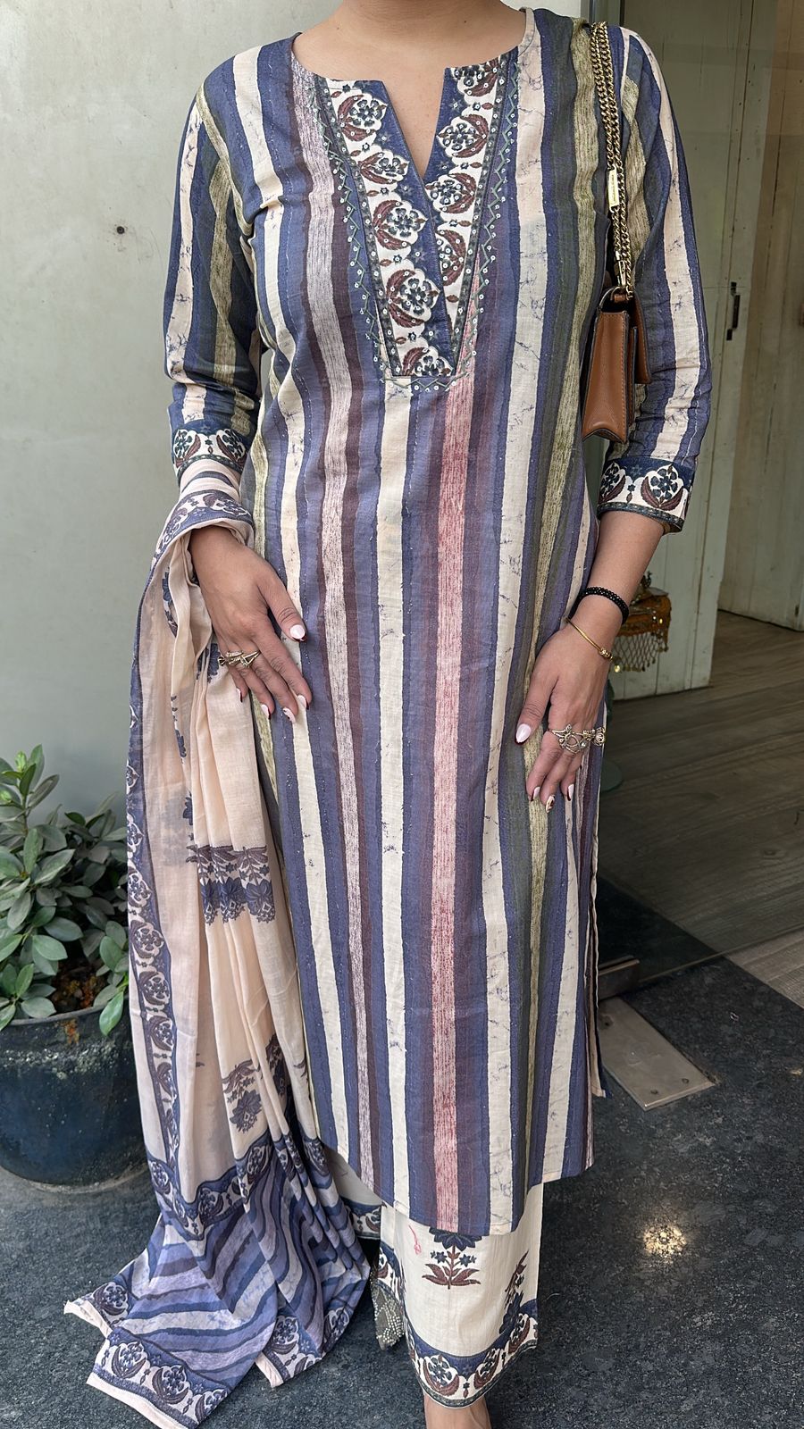 Folga purple Beige Cotton Designer Suit