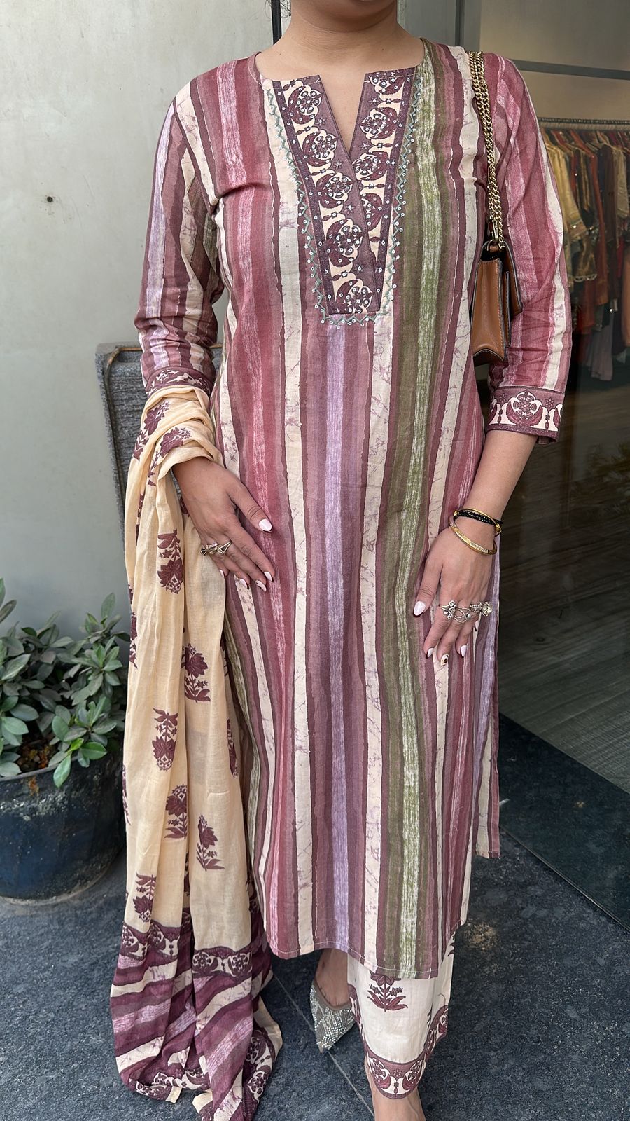 Folga pink Beige Cotton Designer Suit