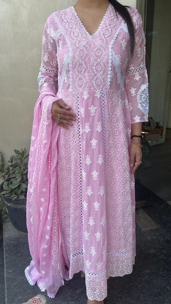 Kari Baby Pink Chikankari Anarkali Designer Suit