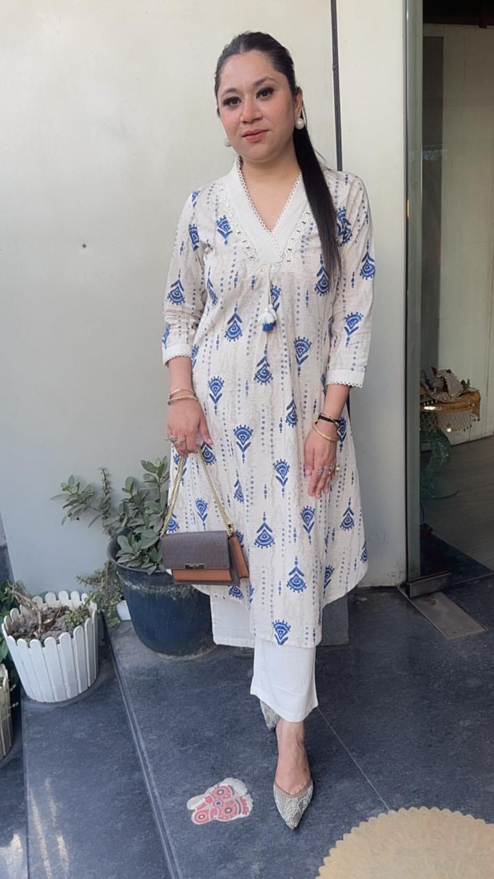 Tik Tok Blue Ivory cotton Tunic Set