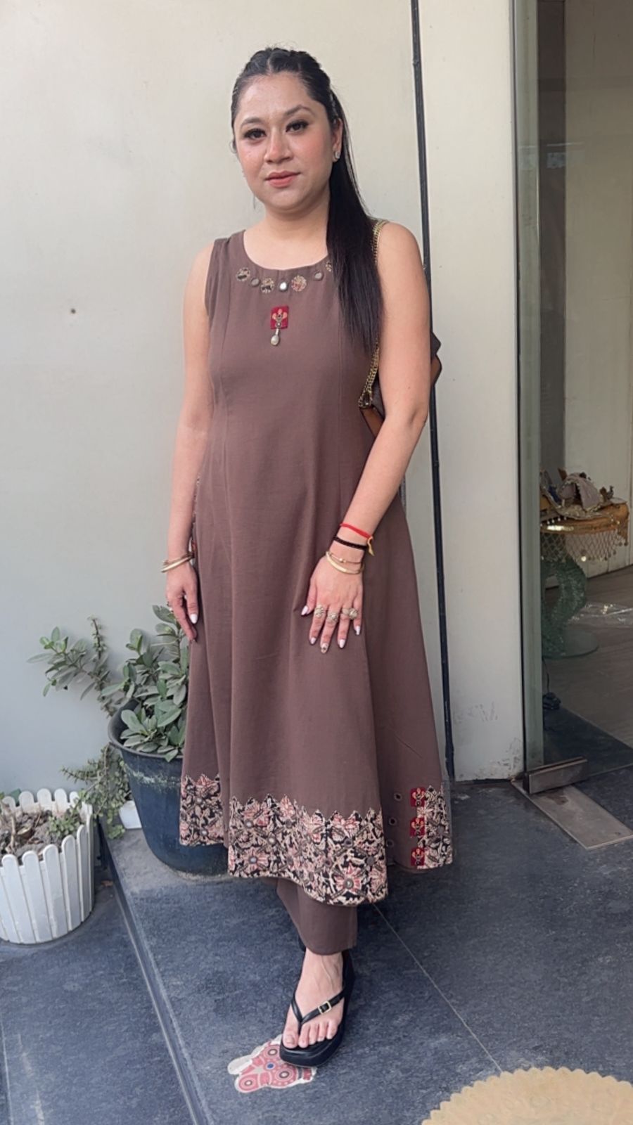 Ghumar Brown Tunic set (sleeve Fabric Attachment)