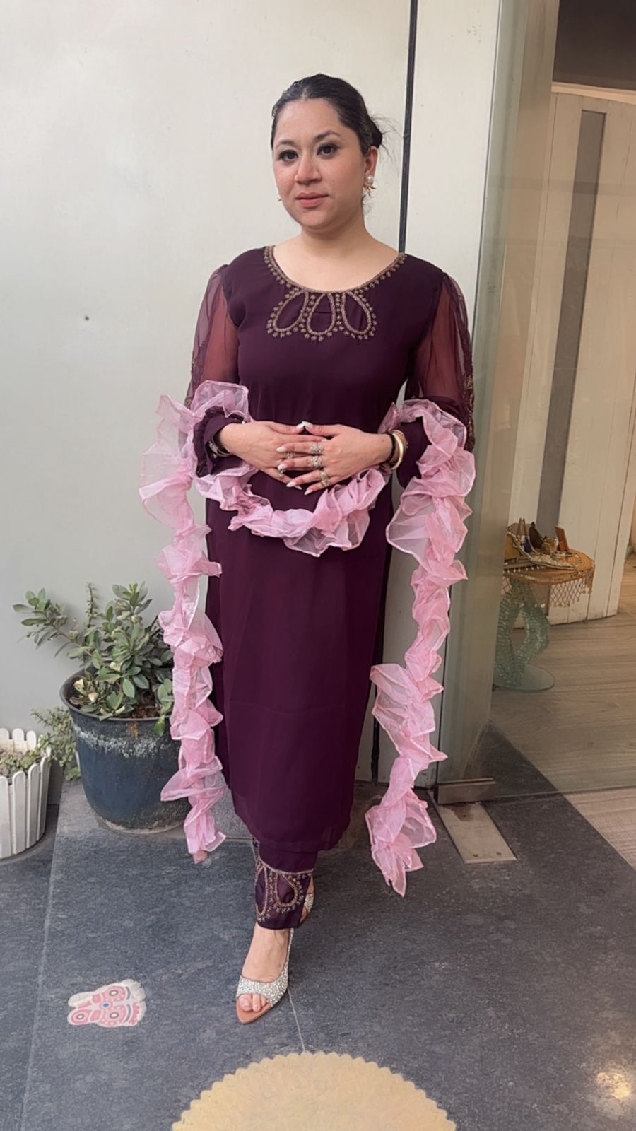 Wine Ruffle Dupatta suit