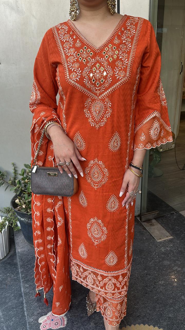 Tadka Rust Orange Thread work Designer Suit