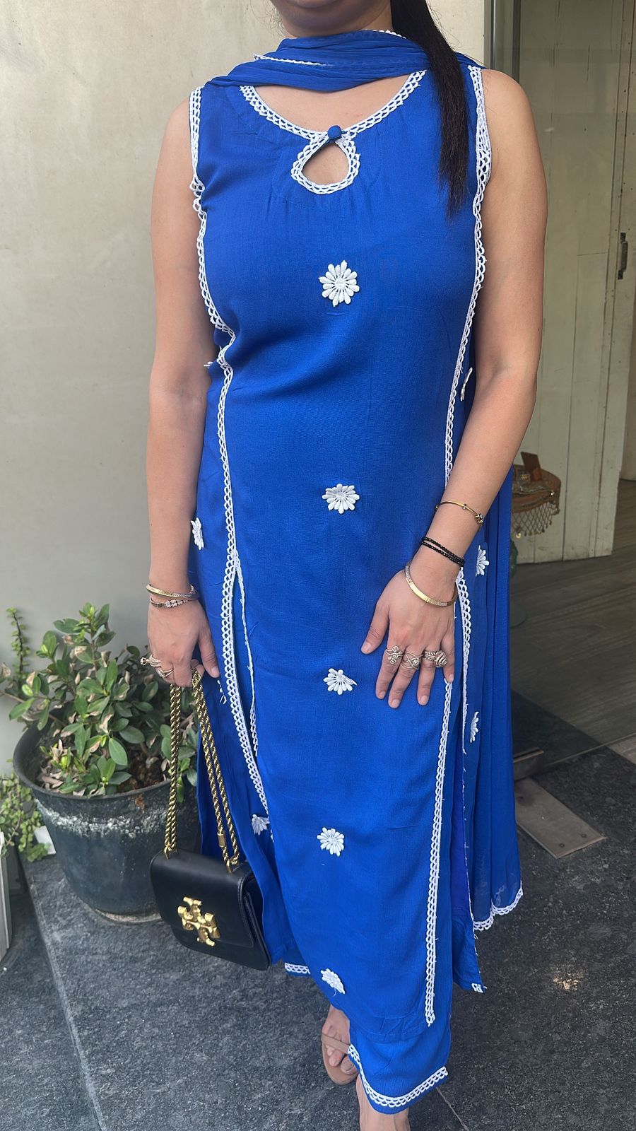 Siyahi Electric Blue Cotton Designer Suit(Sleeve Fabric Attached)
