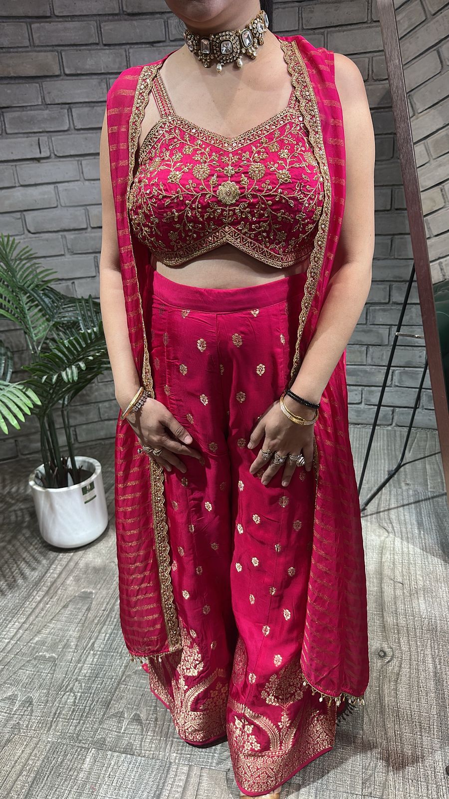 Imprint Hot pink Heavy Blouse with Cape and Banarasi Plazoo set