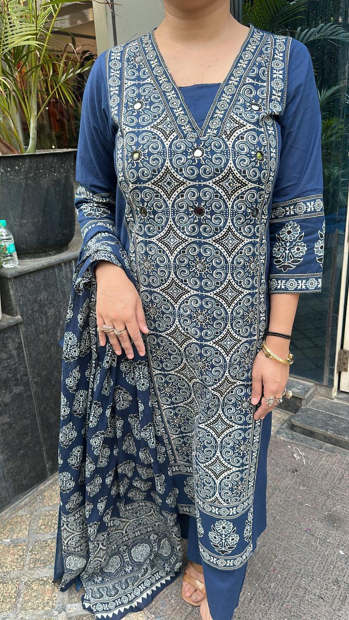Nooreh Navy Blue Cotton Designer Suit