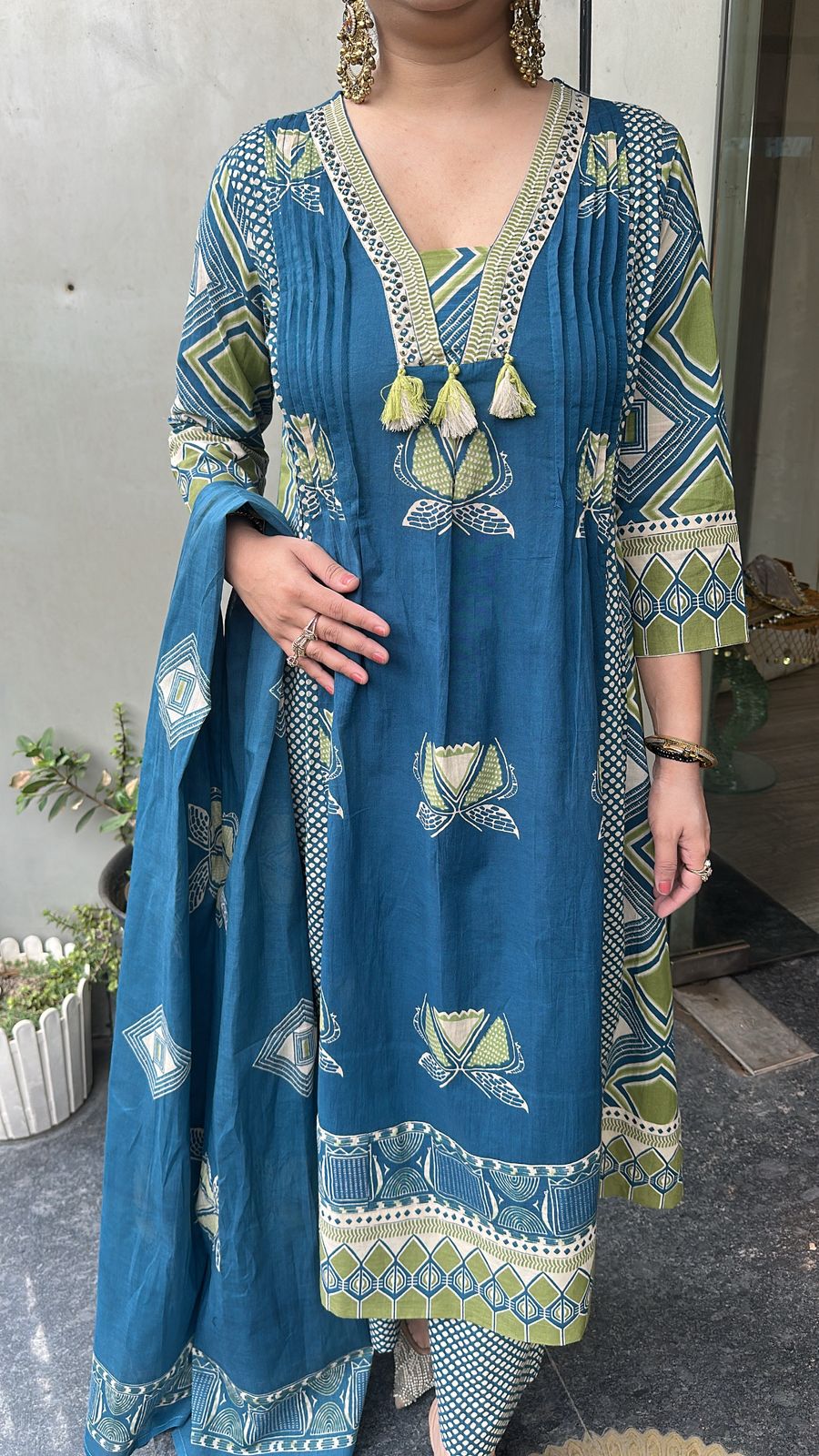 Jasmine Blue Green Cotton Digital Designer Suit