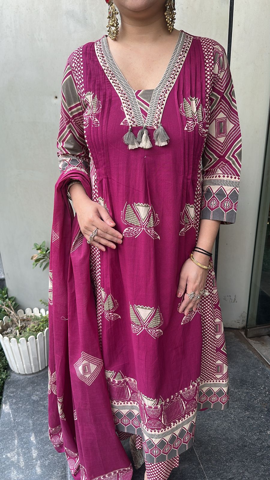 Jasmine Pink Grey Cotton Digital Designer Suit
