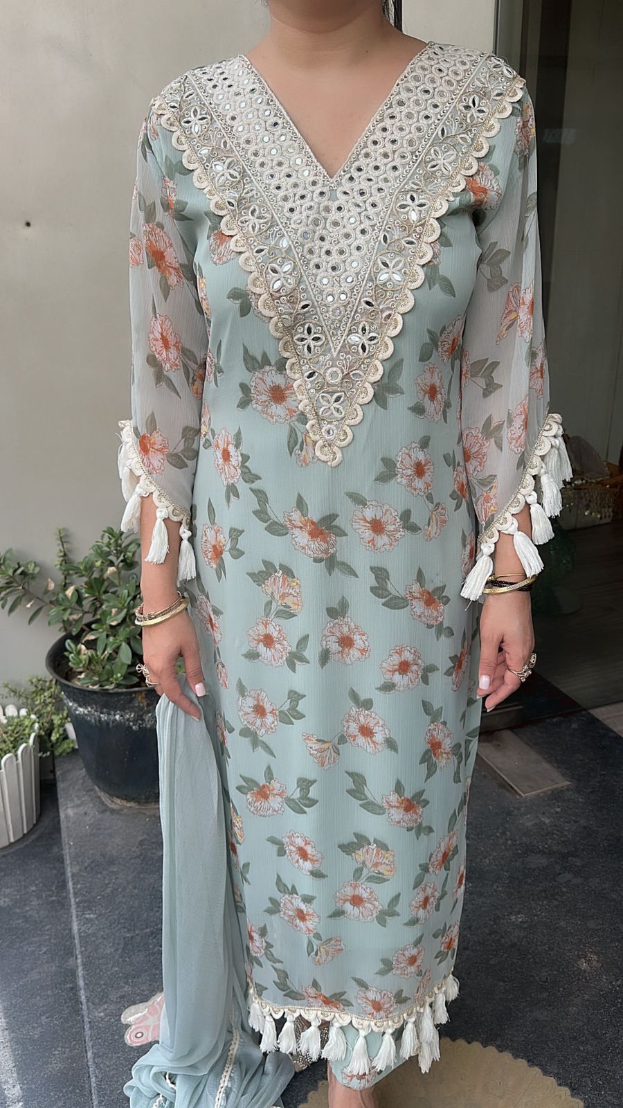 Lettuce Georgette Tassel Designer Suit