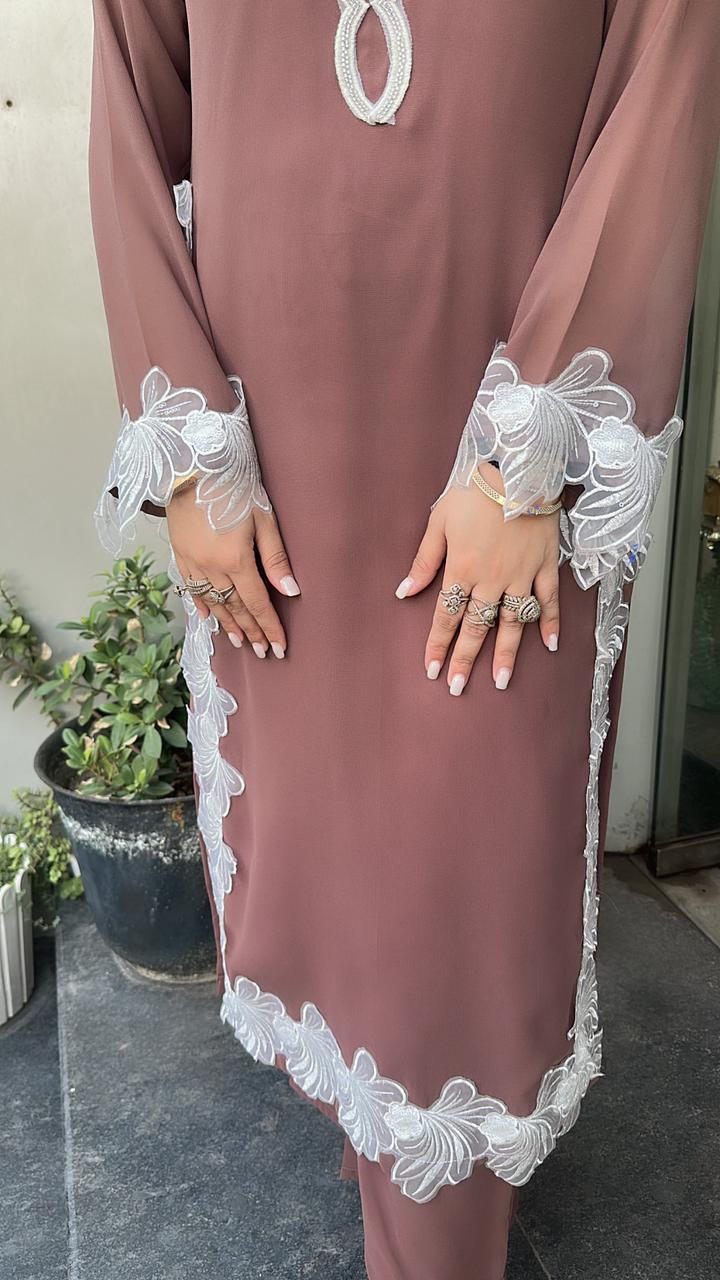 Karigari onionpink white Pakistani lace work Designer Suit