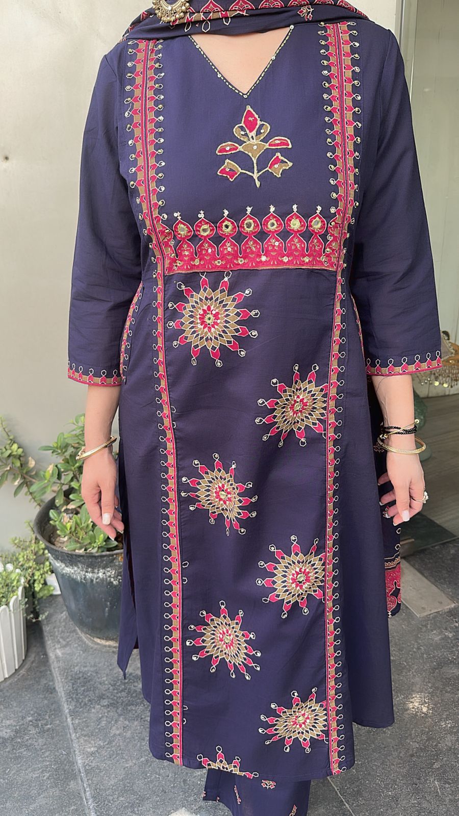 Idli Navy Blue Cotton Designer Suit
