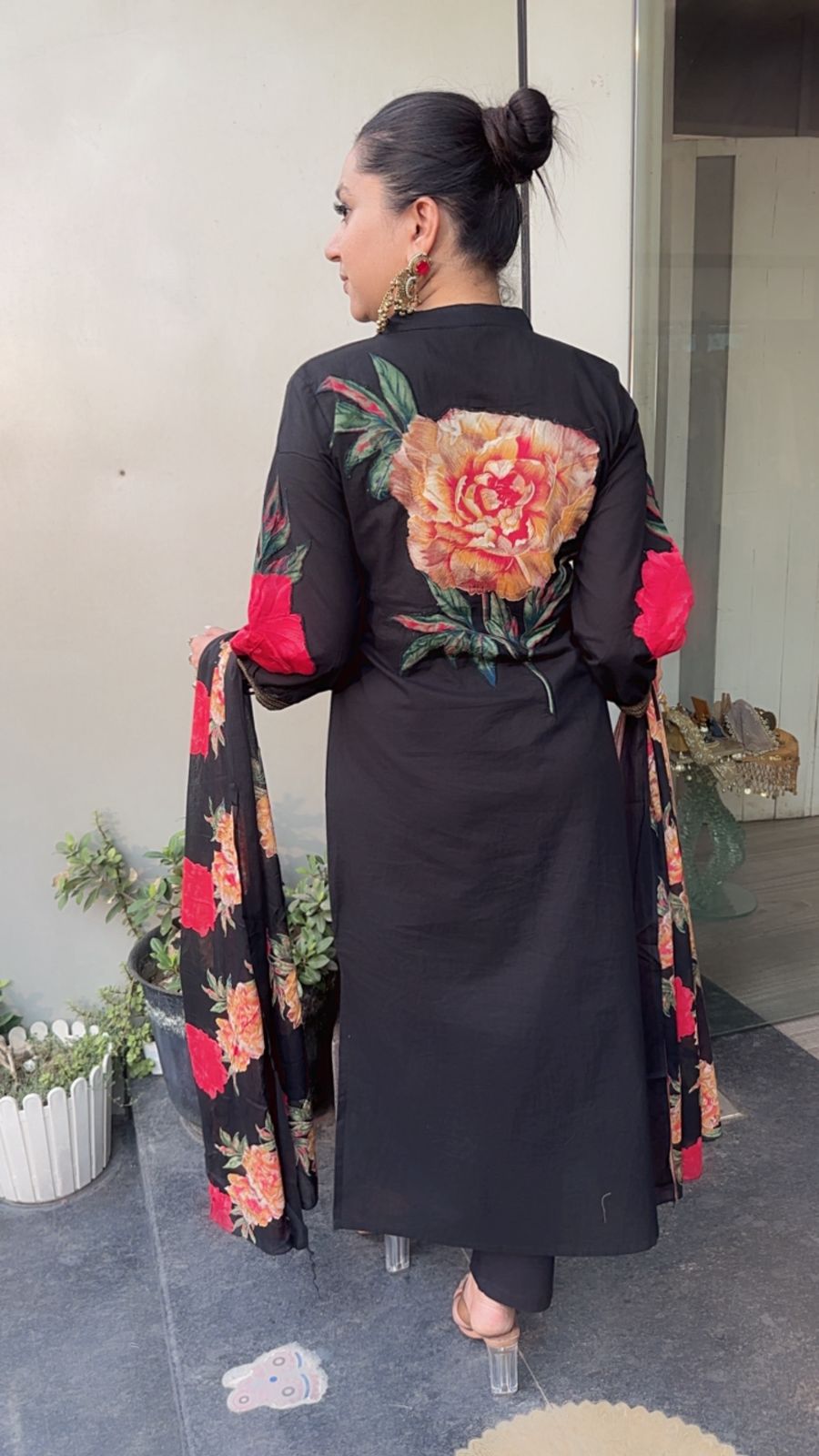 Rose Red Black Cotton Designer Suit