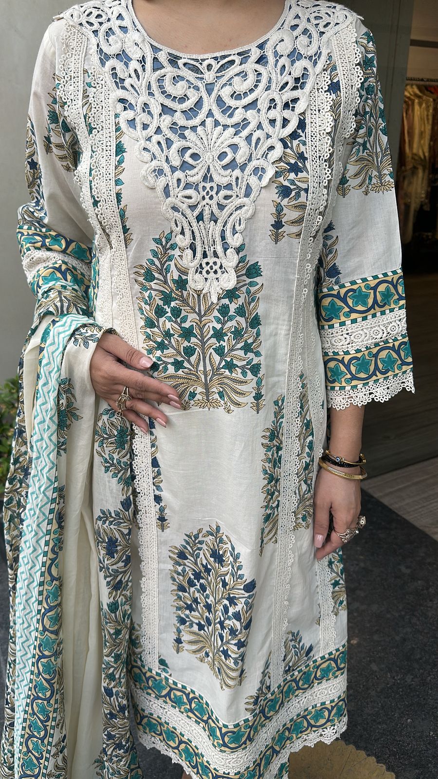Malai Blue lace work Cotton Designer Suit