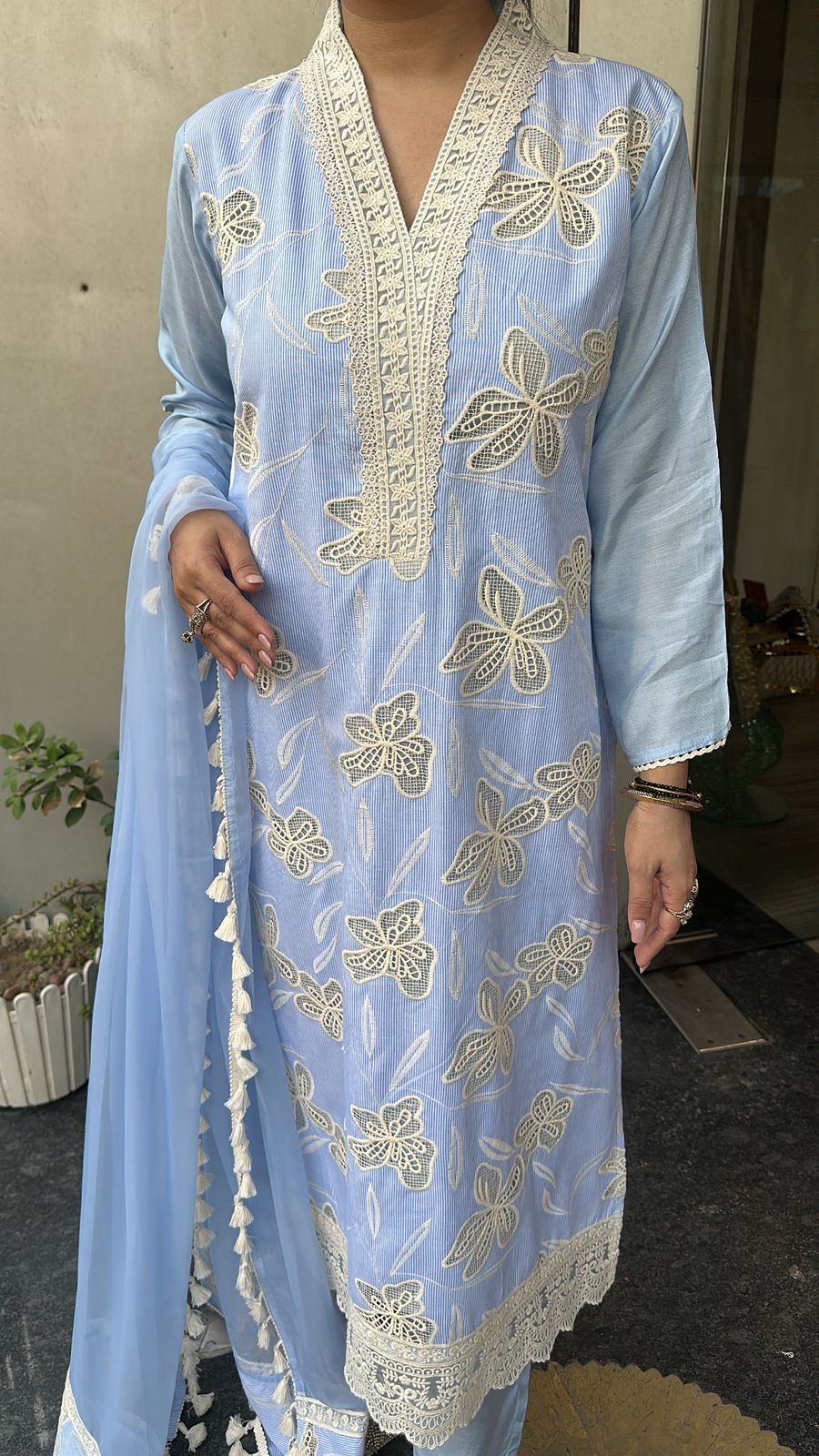 Khayaal Sky Blue Lace work Cotton Designer Suit